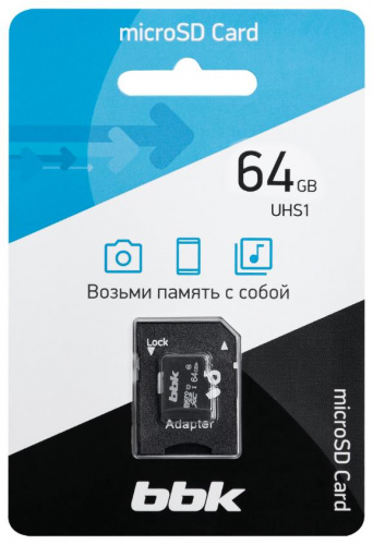 картинка sd карта bbk 064gxcu1c10a, 64гб, микро sdxc, uhs-1, класс 10, адаптер от магазина Tovar-RF.ru
