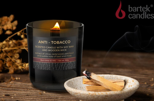 картинка Свеча BARTEK ароматизированная в стакане - Антитабак с деревянным фитилем 150гр (Anti Tabacco) от магазина Tovar-RF.ru