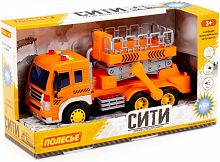 картинка игрушка полесье сити , автомобиль с подъёмником инерционный (со светом и звуком) (оранжевый) (в коробке) 89748 от магазина Tovar-RF.ru