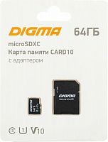 картинка  digma карта памяти microsdxc uhs-i u1 64 гб, 70 мб/с, class 10, card10, 1 шт., переходник sd [dgfca064a01] от магазина Tovar-RF.ru