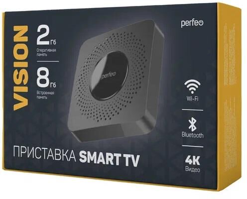 картинка perfeo smart tv box приставка "vision 2/8",allwinner h618,android 12, 2gb/8gb,пульт bluetooth perfeo (pf_a4559) "vision 2/8", черный от магазина Tovar-RF.ru