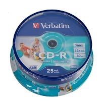 картинка verbatim  диски cd-r 25 шт.   printable inkjet, 52-x 700mb, cake box (43439) от магазина Tovar-RF.ru