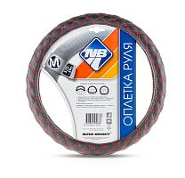 картинка оплетка на руль nova bright (m) экокожа, черная с прострочкой красными ромбиками 47366 от магазина Tovar-RF.ru