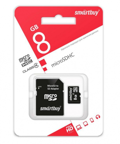 картинка карта памяти smartbuy (sb8gbsdcl4-01) microsdhc 8gb сlass4 + адаптер от магазина Tovar-RF.ru