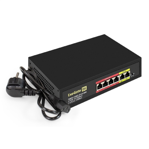 картинка exegate ex299020rus коммутатор неуправляемый exegate edes-1006d.4poe-48w (6-портовый utp 10/100 base-tx: 4 порта 802.3af (poe), мощность poe: 25w, суммарно 48w, 2 порта rj45 uplink, настенный/настольн от магазина Tovar-RF.ru