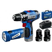картинка ЗУБР 12В + LED фонарь, 2 АКБ (2Ач), в кейсе, дрель-шуруповерт, Профессионал.  DL-121-22F от магазина Tovar-RF.ru