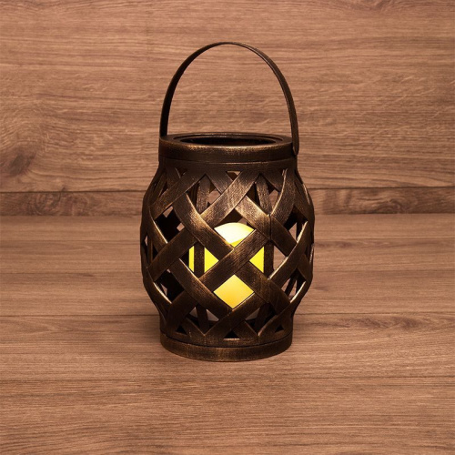 картинка  NEON-NIGHT (513-055) Декоративный фонарь со свечкой, бронза, 14х14х16,5 см, цвет Теплый от магазина Tovar-RF.ru