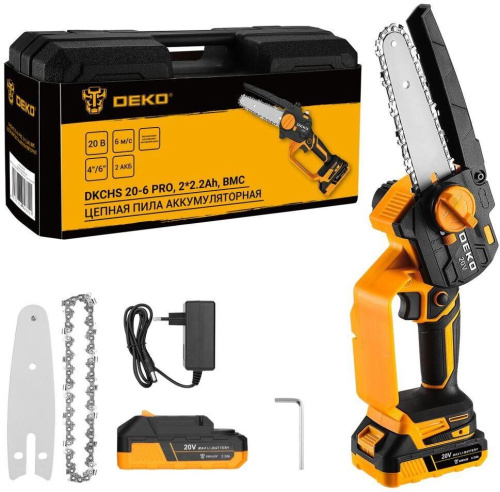 картинка Пила цепная аккумуляторная DEKO DKCHS 20-6 PRO, 4" и 6", 20В, 2x2.2Ач, 2 шины и 2 цепи в кейсе 083-2012 магазин Tovar-RF.ru являющийся официальным дистрибьютором в России картинка Пила цепная аккумуляторная DEKO DKCHS 20-6 PRO, 4" и 6", 20В, 2x2.2Ач, 2 шины и 2 цепи в кейсе 083-2012 от магазина Tovar-RF.ru