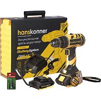 картинка Дрель аккум. б/щ Hanskonner, 18В, 1BatterySystem, 2 акк. 2Ач, 65Нм, патрон 13мм, кейс [HCD1865] от магазина Tovar-RF.ru