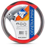 картинка оплетка на руль nova bright (m) экокожа, черная с красными перфорированными вставками, красная строчка 47351 от магазина Tovar-RF.ru