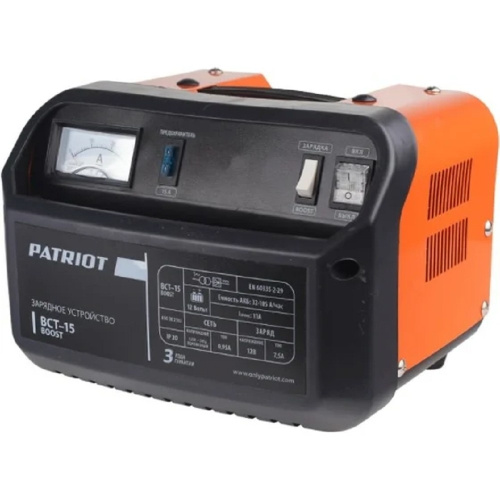 картинка Заряднопредпусковое устройство PATRIOT BCT-15 Boost [650301515] {Вход.напр. 1ф - 220В ±15%, макс.мощн. 150Вт; напр.зарядки 12В, ток заряд/boost 7.5/11.0А; емк.бат. 32-105А/час, вес 4.3кг} от магазина Tovar-RF.ru