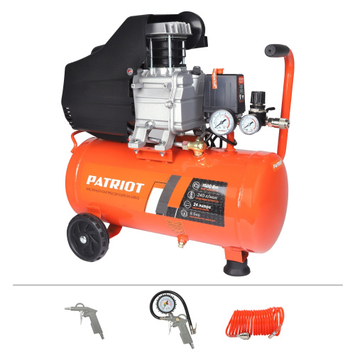 картинка Компрессор Patriot поршневой масляный EURO 24-240K2 [525302118] { 240 л/мин, 8 бар, 1500 Вт, 24 л, быстросъемный 1/4" + "елочка", набор пневмоинструмента KIT 5C } от магазина Tovar-RF.ru