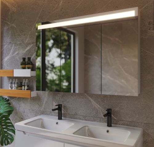 картинка Шкаф зеркальный UNI, 120 см, 3 дверцы, 6 стеклянных полок, с LED-подсветкой и выключателем, белый магазин Tovar-RF.ru являющийся официальным дистрибьютором в России фото 6 картинка Шкаф зеркальный UNI, 120 см, 3 дверцы, 6 стеклянных полок, с LED-подсветкой и выключателем, белый от магазина Tovar-RF.ru фото 6