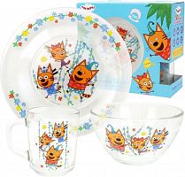 картинка Набор посуды ND PLAY 309624 Набор посуды "Три кота" Цветы (3 предмета, подарочная упаковка), спец-серия, стекло от магазина Tovar-RF.ru