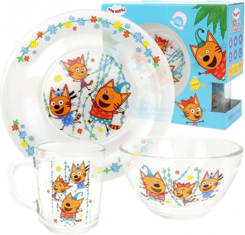 картинка Набор посуды ND PLAY 309624 Набор посуды "Три кота" Цветы (3 предмета, подарочная упаковка), спец-серия, стекло от магазина Tovar-RF.ru