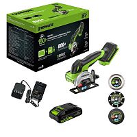 картинка Greenworks Углошлифовальная машина аккумуляторная GD24UCS, 24V, б/щет, 20000 об/мин,76 мм, рез 18 мм,1х2Ач,ЗУ,кор [3402007CUA] от магазина Tovar-RF.ru