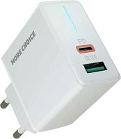 картинка сзу more choice (4610196408649) nc61 сзу 1usb+1usb-c 3.0a pd 20w+qc3.0 быстрая зарядка white от магазина Tovar-RF.ru