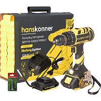 картинка Дрель аккум. ударная б/щ Hanskonner, 18В, 1BatterySystem, 2 акк. 2 Ач,65Нм, 13мм,кейс [HCD1865I] от магазина Tovar-RF.ru