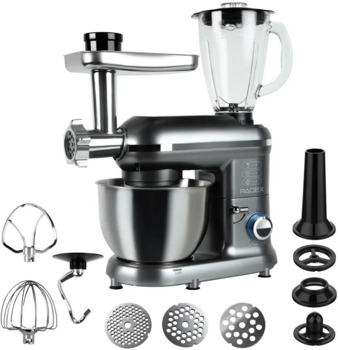 картинка кухонный комбайн 9 в 1 ragex r101, 4.5л, 1500вт, цвет: 200 (серый), китай ragex r101-200 металл 1500вт 6 скоростей от магазина Tovar-RF.ru