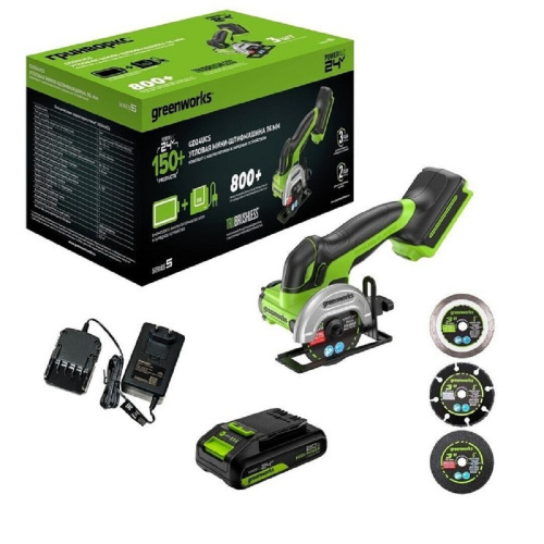 картинка Greenworks Углошлифовальная машина аккумуляторная GD24UCS, 24V, б/щет, 20000 об/мин,76 мм, рез 18 мм,1х2Ач,ЗУ,кор [3402007CUA] от магазина Tovar-RF.ru