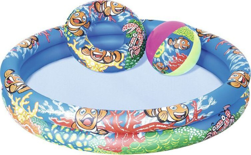 картинка bestway 51124 набор: надувной бассейн 122*20 см, 137 л,+к руг + мяч bestway 51124от магазина Tovar-RF.ru