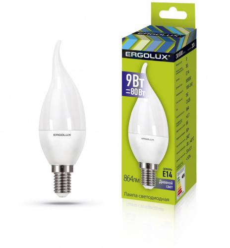 картинка Лампа ERGOLUX LED-CA35-9W-E14-6K (Эл.лампа светодиодная Свеча на ветру 9Вт E14 6500K 180-240В) от магазина Tovar-RF.ru