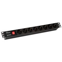 картинка hyperline she19-8sh-s-iec блок розеток для 19" шкафов, горизонтальный, с выключателем с подсветкой, 8 розеток schuko (10а), 250в, без кабеля питания, входная розетка iec 60320 c14, 482.6х44.4х44.4мм от магазина Tovar-RF.ru