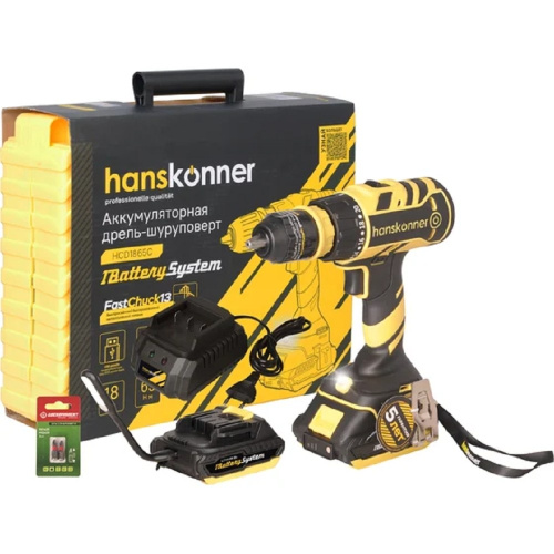 картинка Дрель аккум. б/щ Hanskonner, 18В, 1BatterySystem, 2 акк. 2 Ач, 65Нм, смен патрон,кейс [HCD1865C] от магазина Tovar-RF.ru