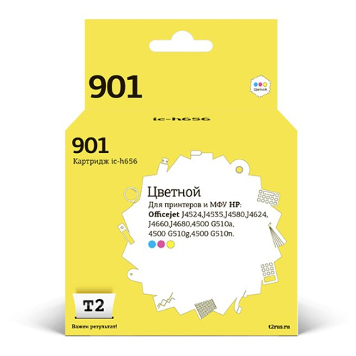 картинка t2 cc656ae картридж (ic-h656) №901 для hp officejet j4524/j4535/j4580/j4624/j4660/j4680/4500 g510, цветной от магазина Tovar-RF.ru