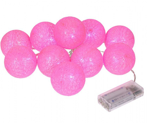 картинка Электрогирлянда VEGAS 55167 Электрогирлянда Нить с Хлопковыми шарами 10 розовых LED ламп, прозрачный провод, мерцание, 1,5 м + 0,5 м шнур, 2*АА (не в комплекте) / 20 от магазина Tovar-RF.ru