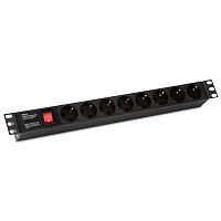 картинка hyperline she19-8sh-s-iec блок розеток для 19" шкафов, горизонтальный, с выключателем с подсветкой, 8 розеток schuko (10а), 250в, без кабеля питания, входная розетка iec 60320 c14, 482.6х44.4х44.4мм от магазина Tovar-RF.ru