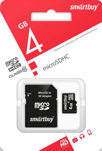 картинка карта памяти smartbuy (sb4gbsdcl10-01) microsdhc 4gb class10 + адаптер от магазина Tovar-RF.ru