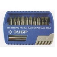 картинка Набор ЗУБР Биты "ЭКСПЕРТ" с магнитным адаптером, Cr-Mo, PH1, PH2 (2шт), PH3, PZ1, PZ2 (2шт), PZ3, SL5,5, SL6,5, 11 пред (26050-H11) от магазина Tovar-RF.ru