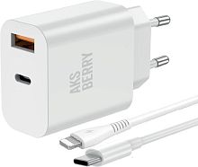 картинка сзу aksberry (6900253200019) t43 20w pd + qc3.0 + кабель lightning , белый от магазина Tovar-RF.ru