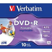 картинка 43508 диски dvd+r verbatim 16-x, 4.7 gb, printable (jewel case, 10шт.)  от магазина Tovar-RF.ru