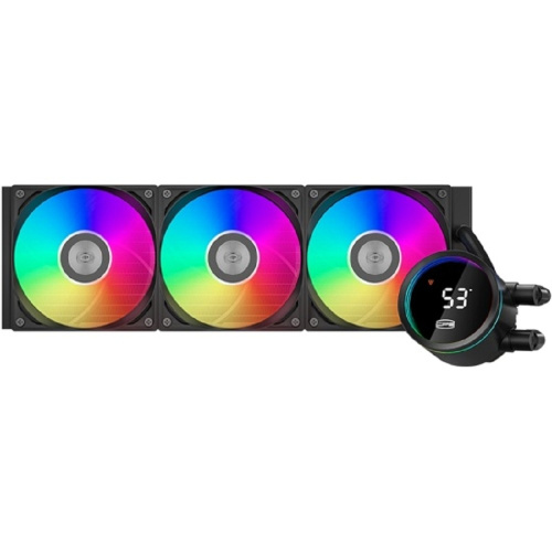 картинка система охлаждения/ pccooler da360 pro argb digital bk (300w, 360mm, led temp., black, argb/ fans: 3x120mm, 75.8cfm, 33.7dba, 2200rpm/ pump height 57mm, 28dba, 3000rpm, rad thickness 27mm/ s: 1851, 17 от магазина Tovar-RF.ru
