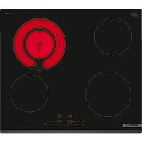 картинка serie 4, электрическая варочная поверхность, стеклокерамика, черная, ширина 60 см, скос с трех сторон, 4 конфорки, 1 конфорка с круглой зоной расширения, управление touchselect, функция restart, тайме от магазина Tovar-RF.ru