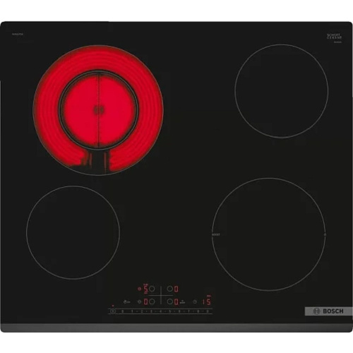 картинка serie 4, электрическая варочная поверхность, стеклокерамика, черная, ширина 60 см, скос с трех сторон, 4 конфорки, 1 конфорка с круглой зоной расширения, управление touchselect, функция restart, тайме от магазина Tovar-RF.ru