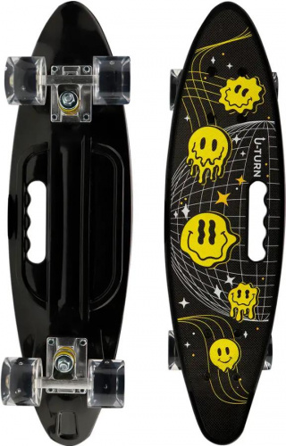 картинка скейтборд u-turn пенниборд пластик.,основа аллюм(59х16,5х12см)(светящ.кол.pu 60х45мм,черн+желт) скб-3337 пп-00221206от магазина Tovar-RF.ru