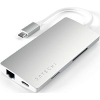 картинка satech [st-tcma2s] адаптер usb aluminum multi-port adapter v2. интерфейс usb-c. 3 порта usb 3.0, 1 порт 4k hdmi,  1 порт ethernet rj-45, sd/micro-sd кардридер. цвет серебряный. от магазина Tovar-RF.ru
